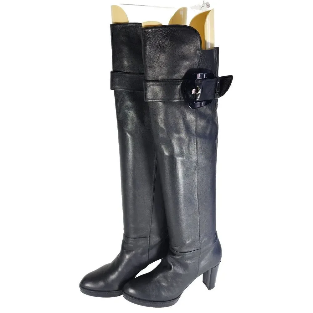 Stuart Weitzman Women's US7,5-8 Black Leather Buckle Heel PullOn Over Knee Boots
